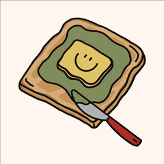 Cartoon vector illustration of toast with green spread and smiling butter – cute breakfast food in flat design style