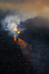 an aerial view of the July 2025 eruption of the Sundhnukur Crater on the Reykjanes Peninsula in...