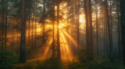 Fototapeta premium Golden sunbeams pierce through a dense forest creating a magical atmosphere