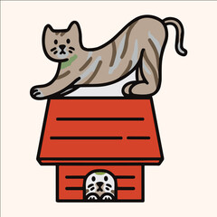 Cartoon vector illustration of stretching cat on top of dog house with peeking dog – funny and cute pet interaction scene