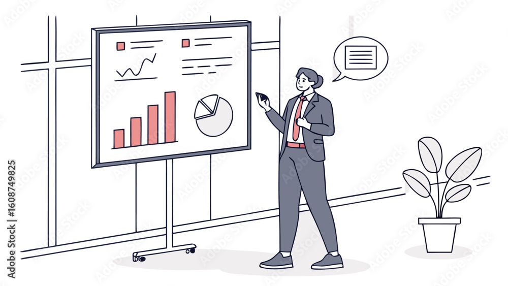 Poster illustration of a business presentation with a man presenting data on a board in an office setting