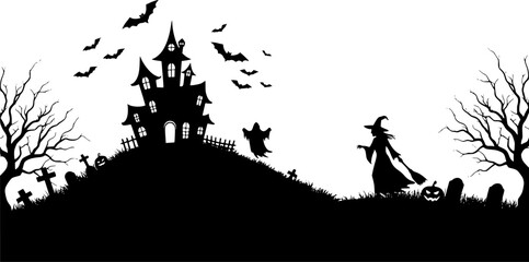 Halloween scene, black and white  