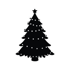 Silhouette of Christmas Tree Decorated with Lights and a Star on Top
