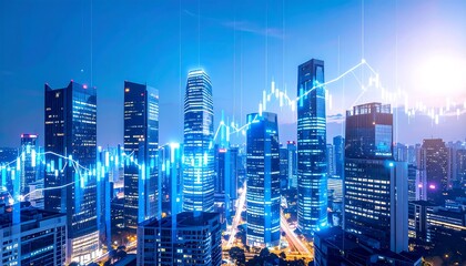 A city skyline at night, overlaid with financial charts.  Modern buildings, lit-up,  with a network of lines showing market trends