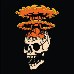 Cartoon Skull Illustration with Atomic Mushroom Explosion Erupting from Head on Black Background
