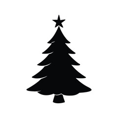 Black silhouette of Christmas tree with star on top over white