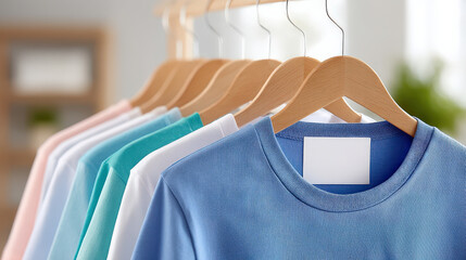 Obraz premium Stylish collection of hanging t shirts in various colors, showcasing modern and minimalist design. soft fabric and vibrant hues create inviting atmosphere for fashion enthusiasts