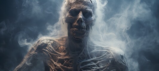 a light skeleton mummy , coming out of the smoke, generative AI