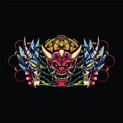 Colorful Oni Mask with Dual Demonic Skulls and Mechanical Elements on Black Background
