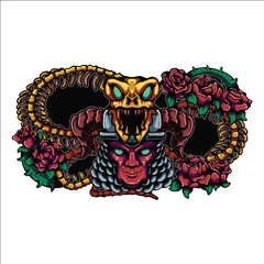 Fantasy Skull Serpent and Warrior Mask Illustration with Roses and Horns in Colorful Dark Art Style
