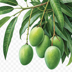 realistic fresh mangos hanging from a branch with green leaves in a natural setting isolated on transparent background