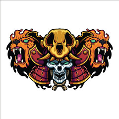 Fantasy Samurai Skull with Lion Heads and Horned Armor Helmet Illustration in Colorful Style
