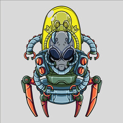 Futuristic Alien Insect Robot with Mechanical Legs and Transparent Dome Containing Skull
