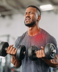 Man Lifting Dumbbells in Gym Suddenly Experiencing Shoulder Pain, Expression of Discomfort While Dropping Weights, Fitness Injury Moment for Sports Safety and Recovery Content
