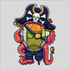 Funny Cartoon Alien Pirate with Tentacles, Eyepatch, and Skull Hat in Spacesuit Costume
