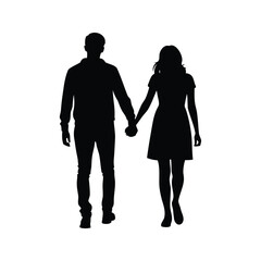 Silhouette of a couple walking hand in hand, isolated on white background