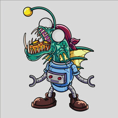 Cartoon Robot Angler Fish Hybrid Character with Pirate Bandana and Mechanical Arms
