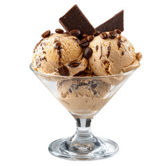 Delicious coffee ice cream with chocolate shards and roasted coffee beans in a glass