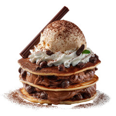 Decadent stacked chocolate pancakes topped with vanilla ice cream and whipped cream