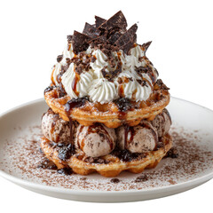 Stacked chocolate chip waffles piled with ice cream whipped cream chocolate shards and syrup