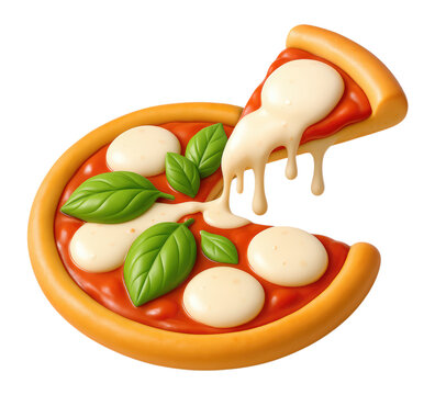 3D cute cartoon Margherita pizza icon with a melting cheese pull slice, fresh basil and mozzarella, Isolated on Transparent and White Background