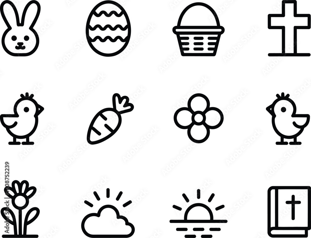 Poster collection of simple line icons representing easter symbols and spring themes