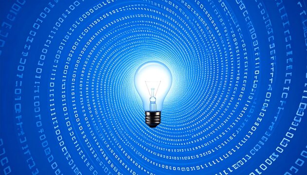 A glowing lightbulb centered in a swirling vortex of binary code, implying innovation within a digital environment