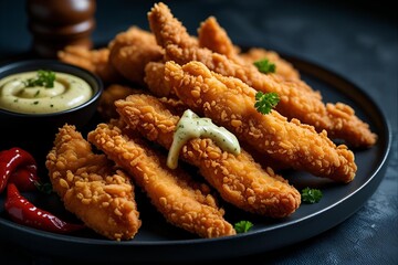Close-up of crispy golden chicken tenders neatly arranged on dark plate, with garlic aioli and spicy sauce, detailed crunchy texture, moody dark background, soft focused lighting.