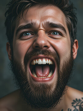 A bearded and disgusted looking man showing teeth