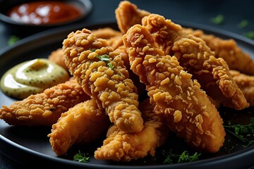 Close-up of crispy golden chicken tenders neatly arranged on dark plate, with garlic aioli and spicy sauce, detailed crunchy texture, moody dark background, soft focused lighting.