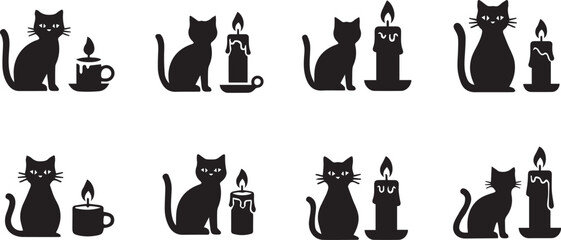Cat near candle silhouette vector icon