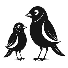 Set of Birds Sitting Together on a Branch in Silhouette Style