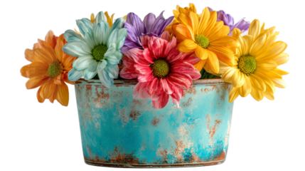 Colorful flowers in turquoise container
