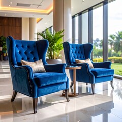 Elegant blue velvet armchairs in modern lobby with large windows and greenery backdrop