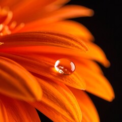 Close up of an orange flower petal with a water droplet reflecting light against a dark background during early morning