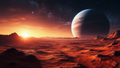This stunning 3D, 4K image captures a distant planet looming over a rugged landscape at sunset. The warm hues of twilight contrast beautifully with the celestial beauty above.