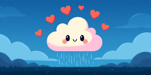 smiling cloud raining hearts over peaceful landscape