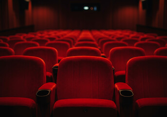 Fototapeta premium empty red theater seats in dark cinema auditorium waiting for audience