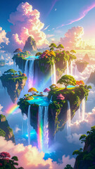 Enchanting floating islands with waterfalls and rainbows in a dreamlike sky