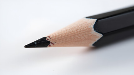 Sharp graphite pencil tip on light background, extreme close up macro photography showing wood texture and lead point for creative writing and art concepts.