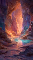 Enchanting crystal cave with glowing formations and tranquil water reflecting light