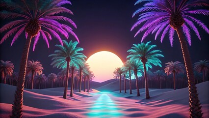 Obraz premium Palm trees on a tropical beach during sunset with a colorful sky and ocean in the background