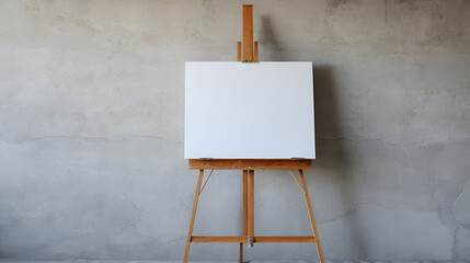 Easel with blank canvas in front of textured, weathered concrete wall during daylight