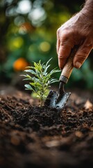 Hand planting young green sprout into rich soil with gardening trowel in natural light, highlighting sustainability, growth, and care for nature in a hopeful garden setting