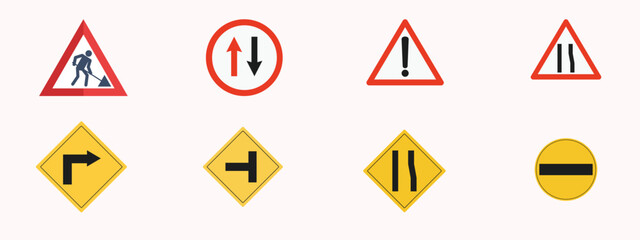 Road Warning and Direction Signs Vector Icon Set – Construction, Two-Way Traffic, Merge, and No Entry Symbols