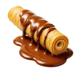 A delicious, crunchy rolled wafer tube biscuit, generously drizzled with a smooth, glossy melted chocolate sauce. Isolated on Transparent and White Background