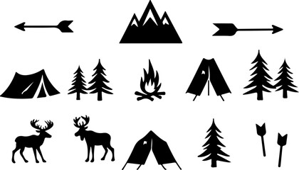 Mountain outdoor, adventure, travel,  forest, trees, pine trees, waves, water, bird, eagle,  deer vector bundle