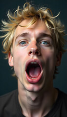 a, blond, hairs, model, man, young, guy, face, scream, crazy, new, modern, mouth, expression, hair, angry, shout, surprise, people,  lips, close-up, photography, macro, boho, portrait, urban, bohemian