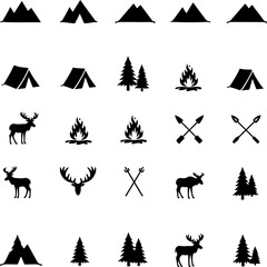 Mountain outdoor, adventure, travel,  forest, trees, pine trees, waves, water, bird, eagle,  deer vector bundle
