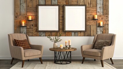 Rustic Panel Wall with Two Blank Frames and Cozy Armchairs